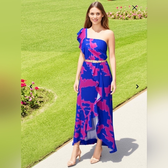 Asymmetrical Sundress Blue & Pink One Shoulder Ruffled - Picture 8 of 12